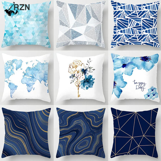 Glitter Marble Cushion Cover Blue Geometry Flower Polyester Throw Pillow Case for Home Décor for Sofa