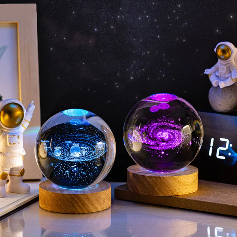 Moon/Galaxy Star/Saturn Crystal Ball Lamp 7Colors 3D Solar System Led Bedside Night Light with Wooden Base Desktop Bedroom Decor