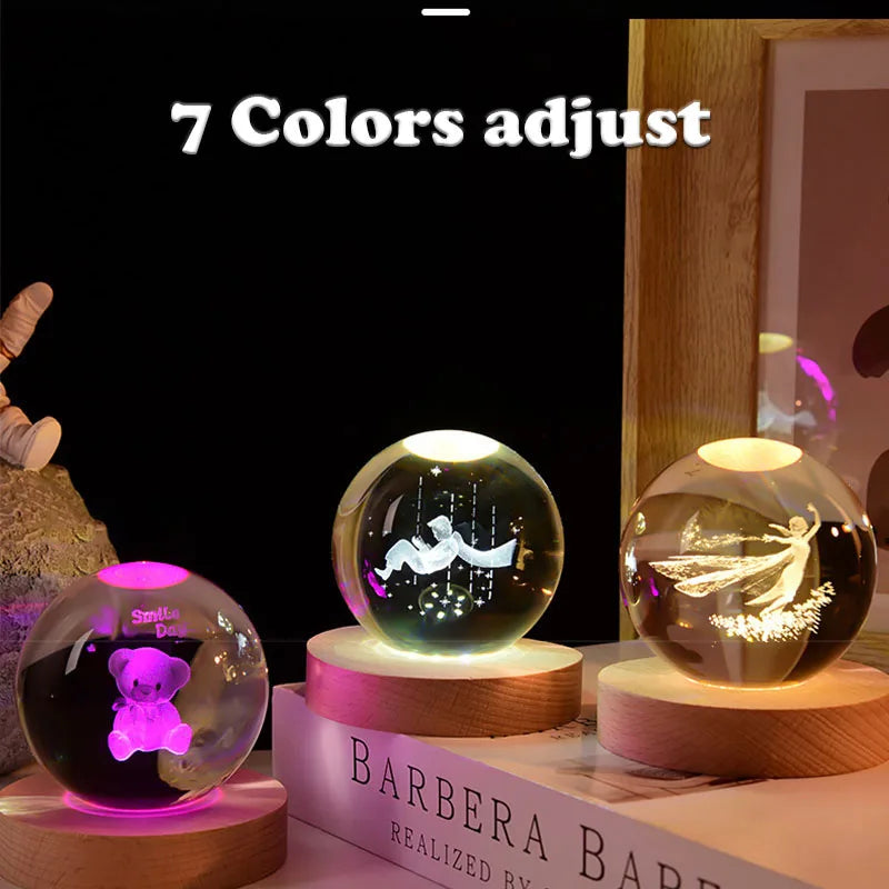 Moon/Galaxy Star/Saturn Crystal Ball Lamp 7Colors 3D Solar System Led Bedside Night Light with Wooden Base Desktop Bedroom Decor